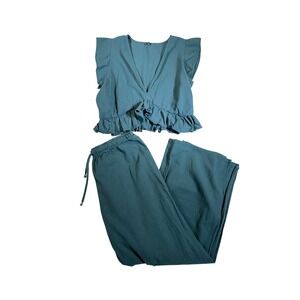 Fancy Teal Blue Linen Blend 2 Piece Set Ruffle Crop Top Wide Leg Pants Large